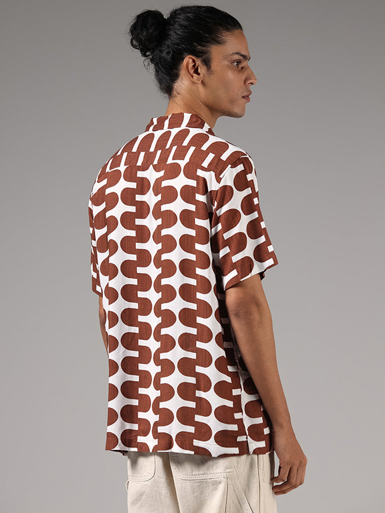 Nuon Brown Motif Printed Relaxed-Fit Shirt