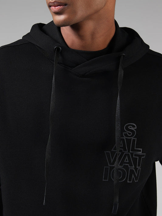 Studiofit Black Typographic Printed Cotton Blend Relaxed-Fit Hoodie