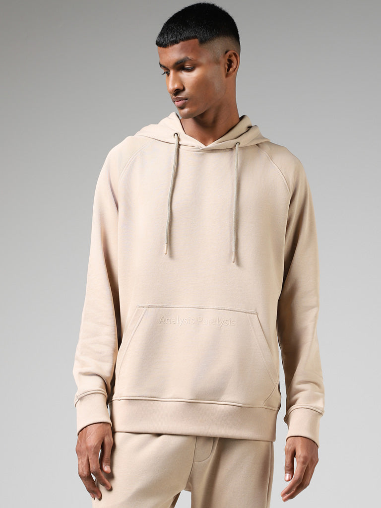 Studiofit Beige Cotton Blend Relaxed-Fit Hoodie