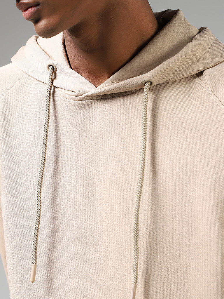 Studiofit Beige Cotton Blend Relaxed-Fit Hoodie