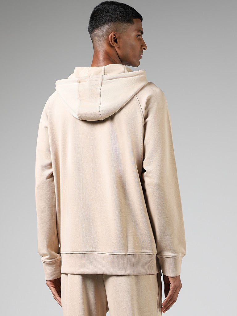 Studiofit Beige Cotton Blend Relaxed-Fit Hoodie