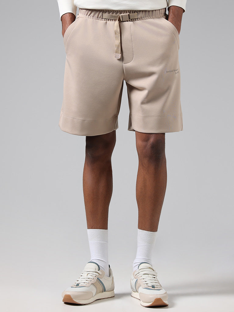 Studiofit Beige Typographic Relaxed-Fit Mid-Rise Running Shorts