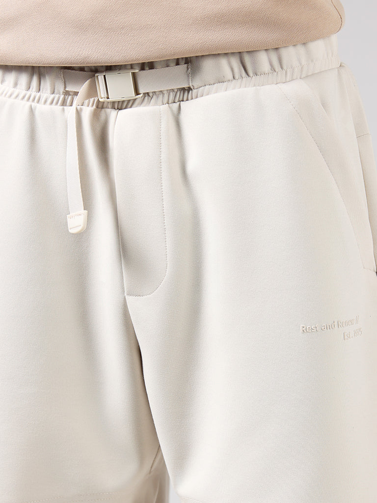 Studiofit Cream Typographic Relaxed-Fit Mid-Rise Running Shorts