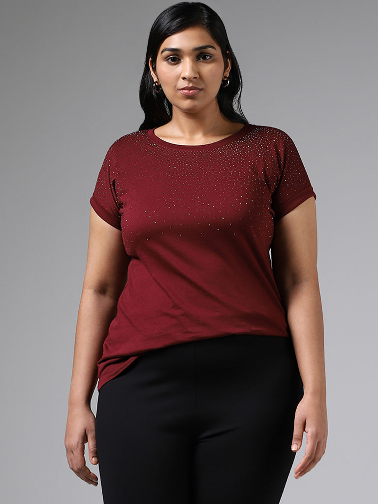 Gia Maroon Diamante Cotton T-Shirt