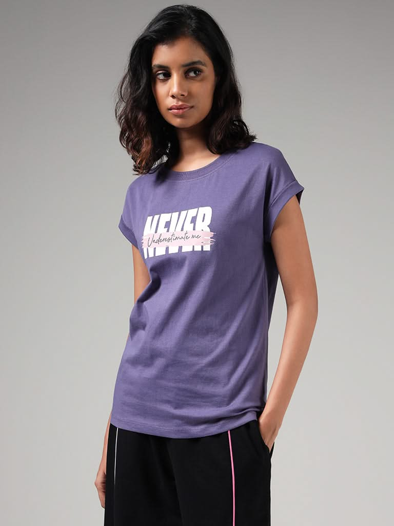 Studiofit Dark Purple Typographic Printed Cotton T-Shirt