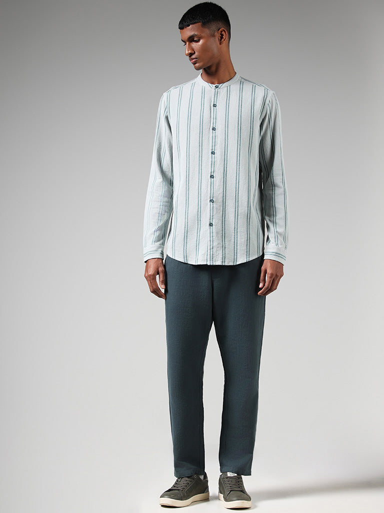 ETA Light Teal Self Striped Cotton Resort-Fit Shirt