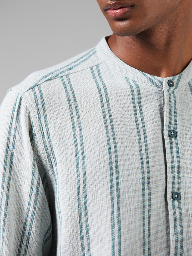 ETA Light Teal Self Striped Cotton Resort-Fit Shirt