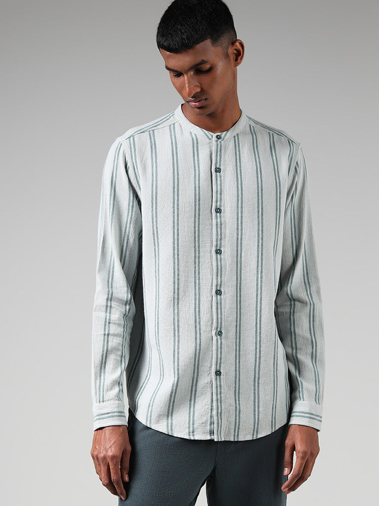 ETA Light Teal Self Striped Cotton Resort-Fit Shirt