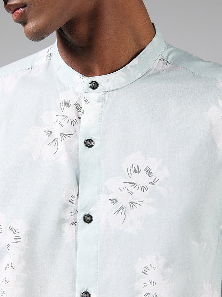 ETA Floral Printed Blue Cotton Resort-Fit Shirt