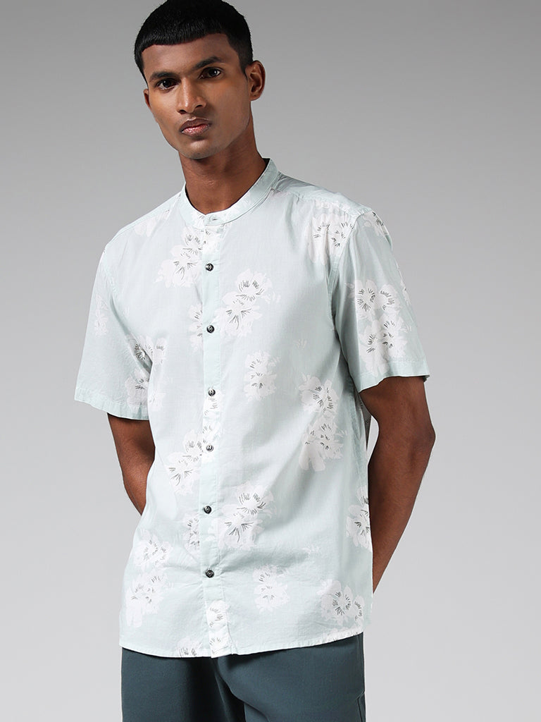 ETA Floral Printed Blue Cotton Resort-Fit Shirt