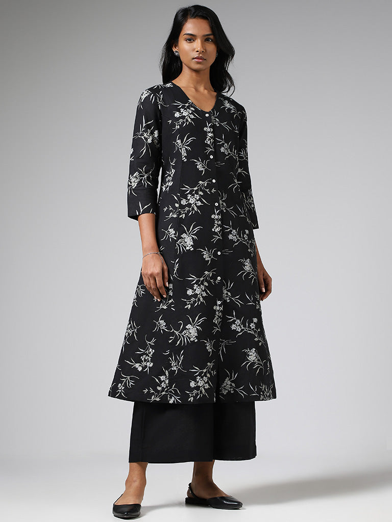 Zuba Black Floral Printed Buttoned Down Blended Linen Kurta