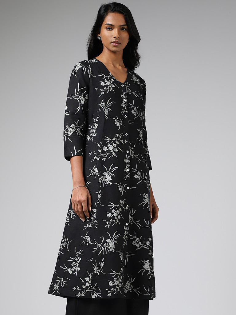 Zuba Black Floral Printed Buttoned Down Blended Linen Kurta