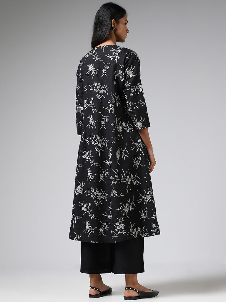 Zuba Black Floral Printed Buttoned Down Blended Linen Kurta