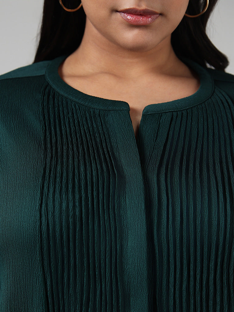 Gia Solid Green Button Down Pleated Top