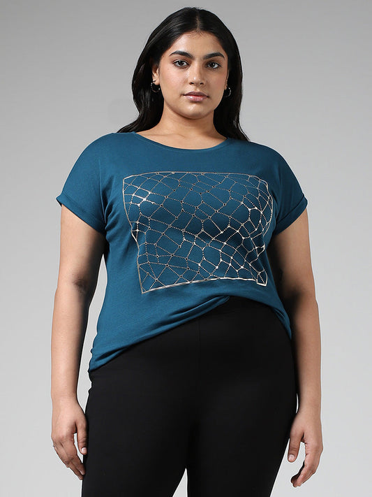 Gia Stud Embellished Blue Cotton T-Shirt