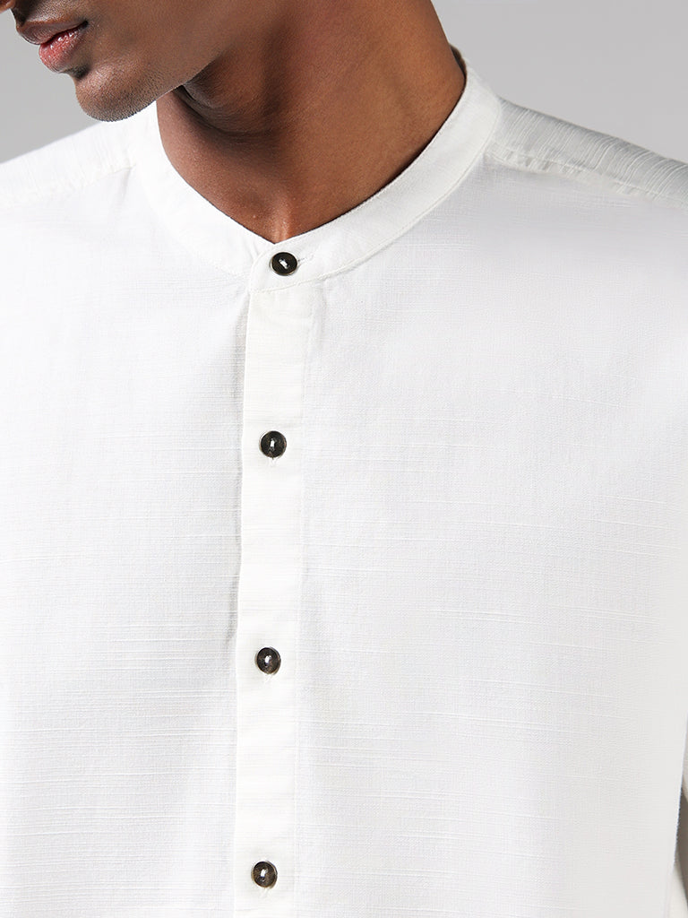 ETA Solid Off White Cotton Blend Relaxed-Fit Shirt