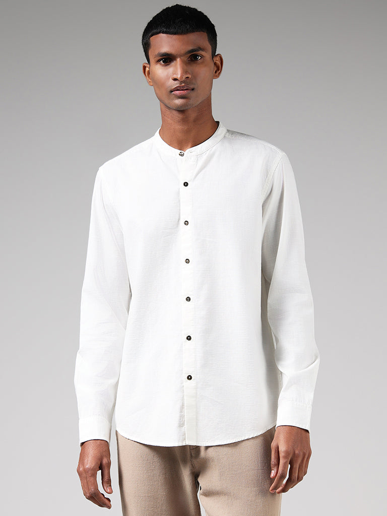 ETA Solid Off White Cotton Blend Relaxed-Fit Shirt