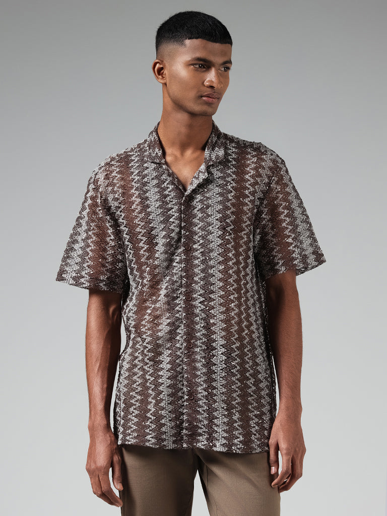 ETA Brown Zig Zag Knitted Relaxed-Fit Shirt