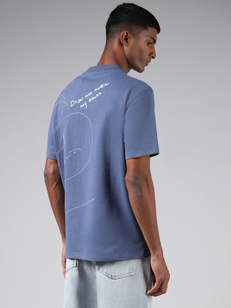 Nuon Typography Printed Blue Cotton Relaxed-Fit T-Shirt