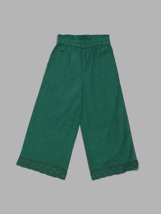 Utsa Kids Emerald Green Schiffli Lace Insert Palazzos (8 -14yrs)