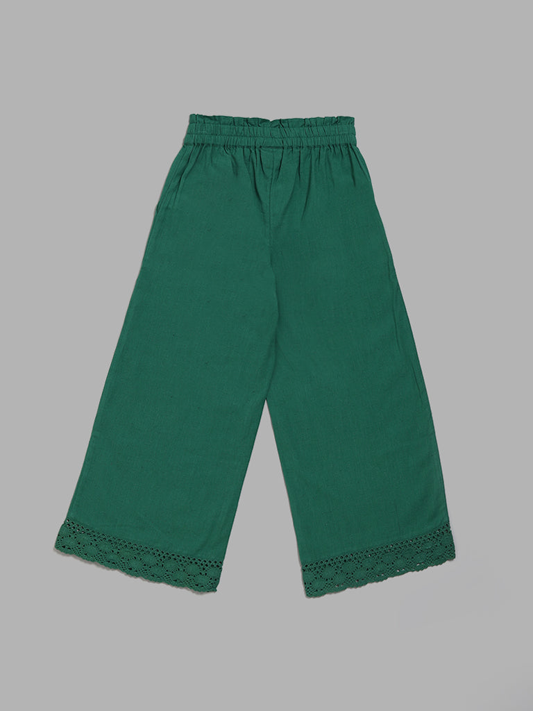 Utsa Kids Emerald Green Schiffli Lace Insert Palazzos (8 -14yrs)