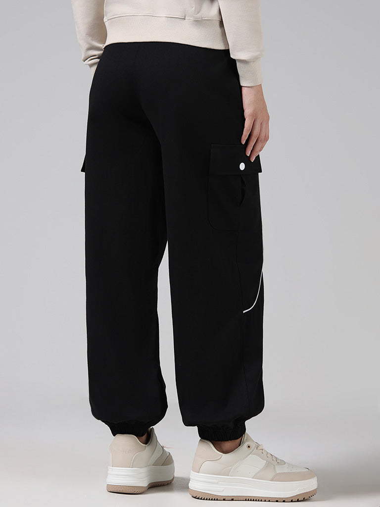 Studiofit Solid Black High-Waisted Cotton Joggers