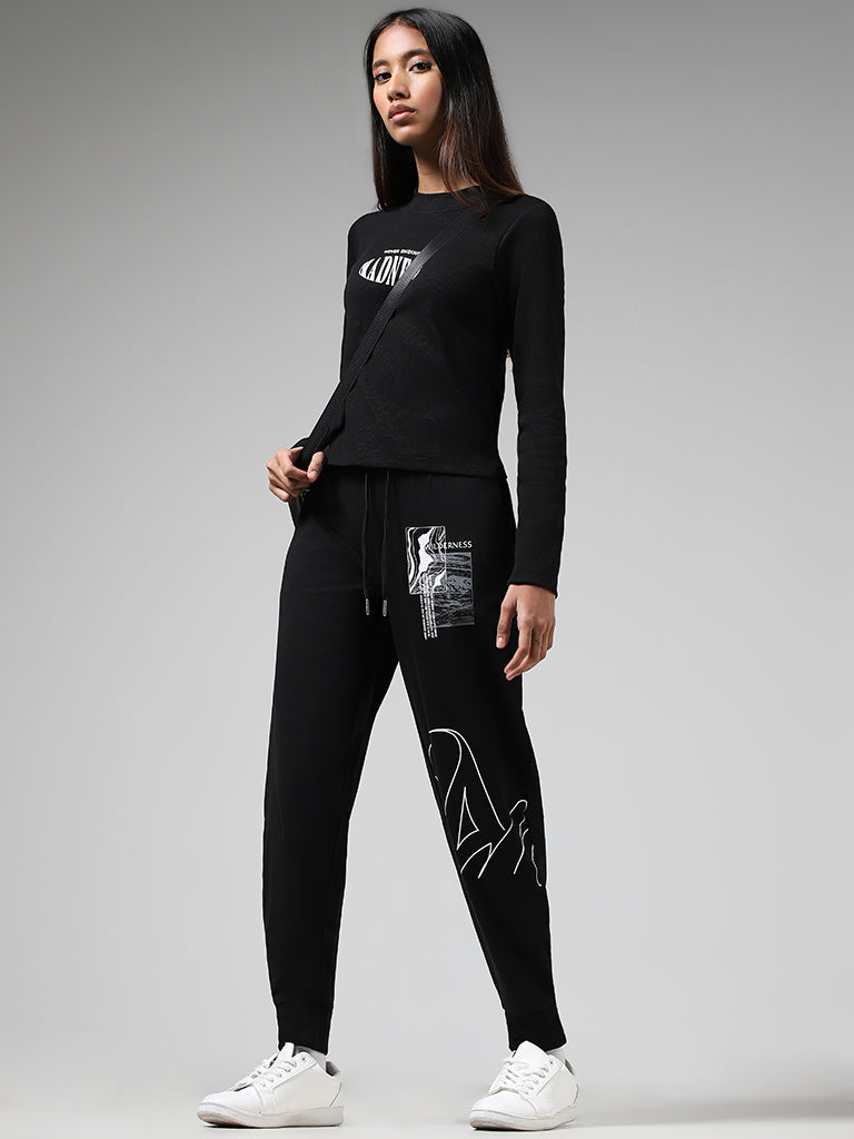 Studiofit Solid Black Typographic Printed Joggers