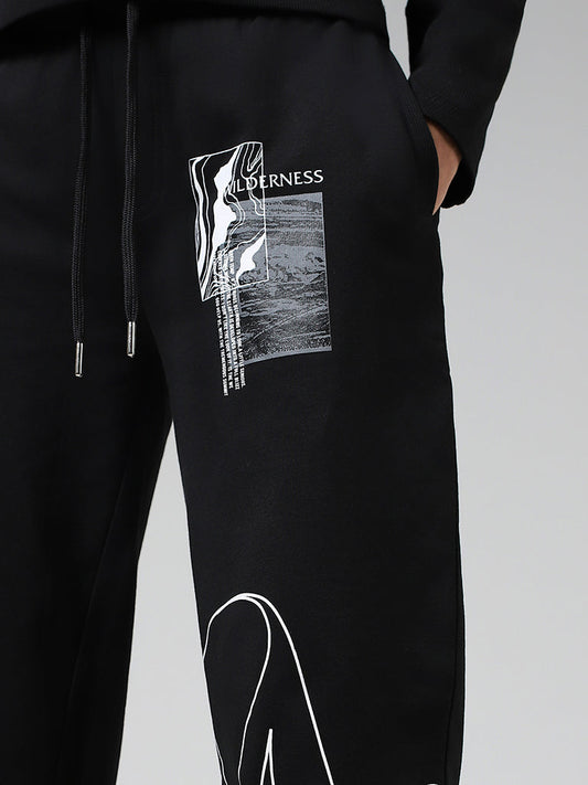 Studiofit Solid Black Typographic Printed Joggers