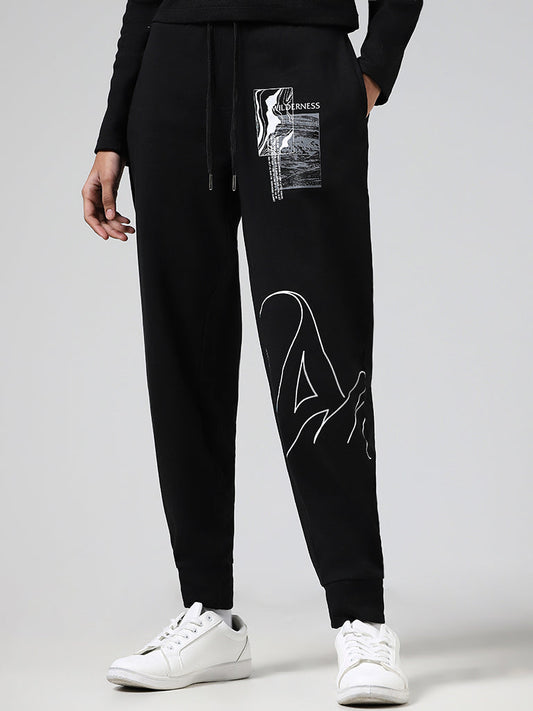 Studiofit Solid Black Typographic Printed Joggers