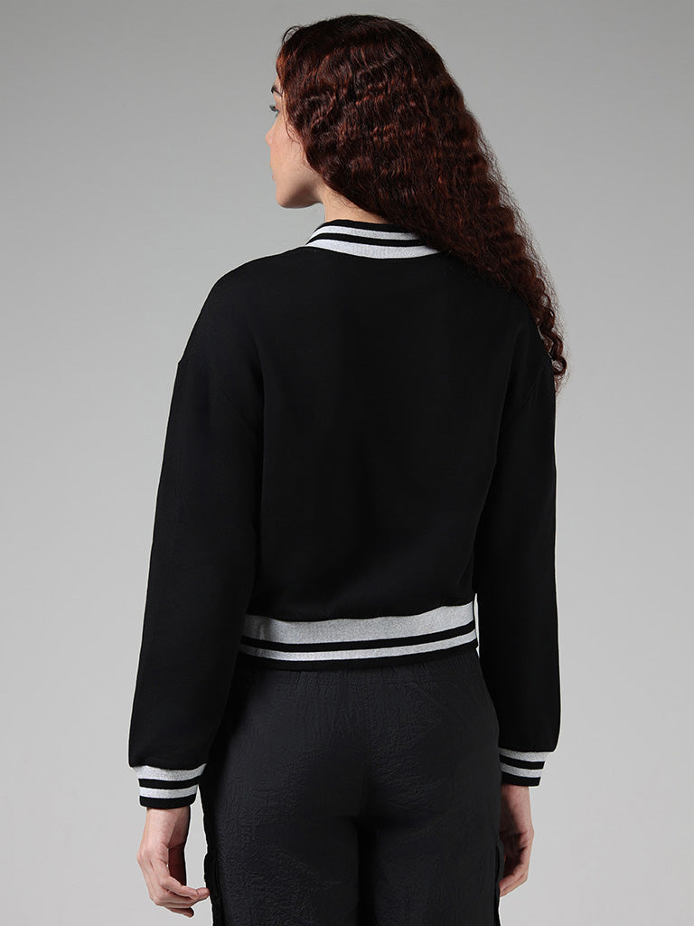 Studiofit Black Typographic Printed Cotton Crop Jacket