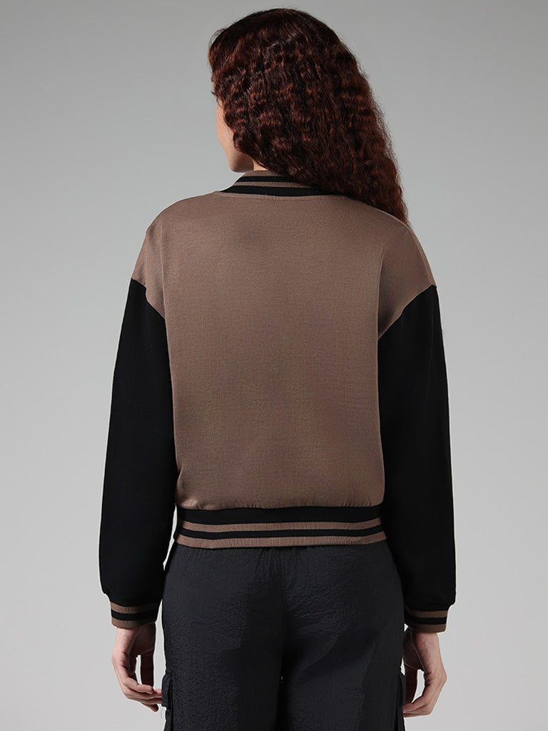 Studiofit Dark Brown Typographic Printed Cotton Crop Jacket