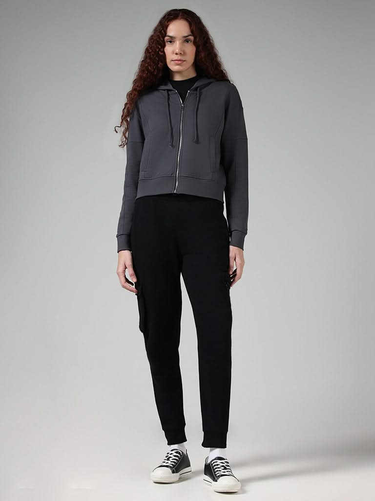 Studiofit Solid Charcoal Grey Cotton Crop Hoodie Jacket