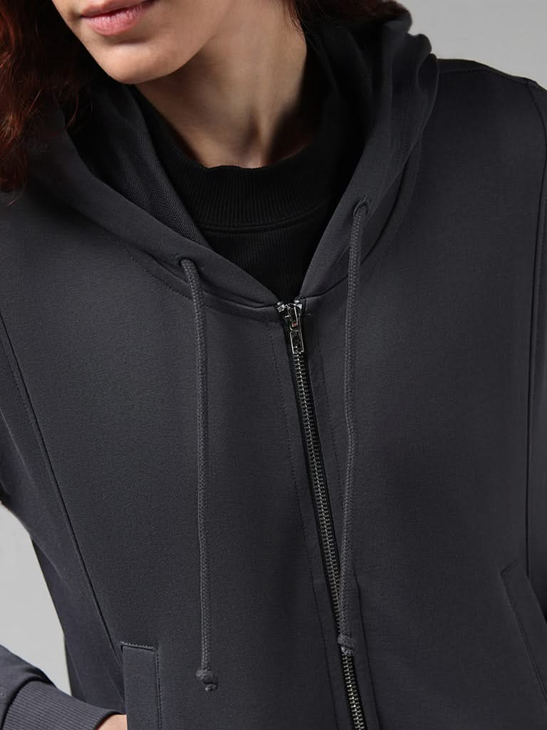 Studiofit Solid Charcoal Grey Cotton Crop Hoodie Jacket