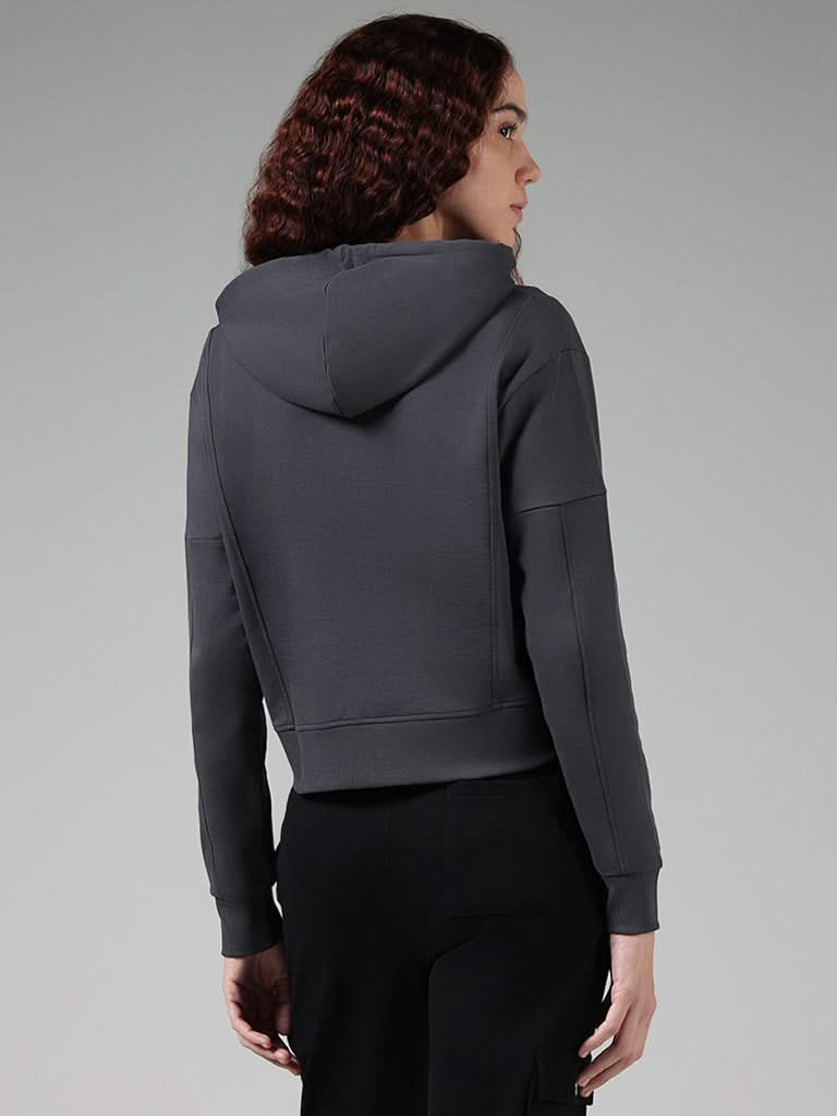 Studiofit Solid Charcoal Grey Cotton Crop Hoodie Jacket