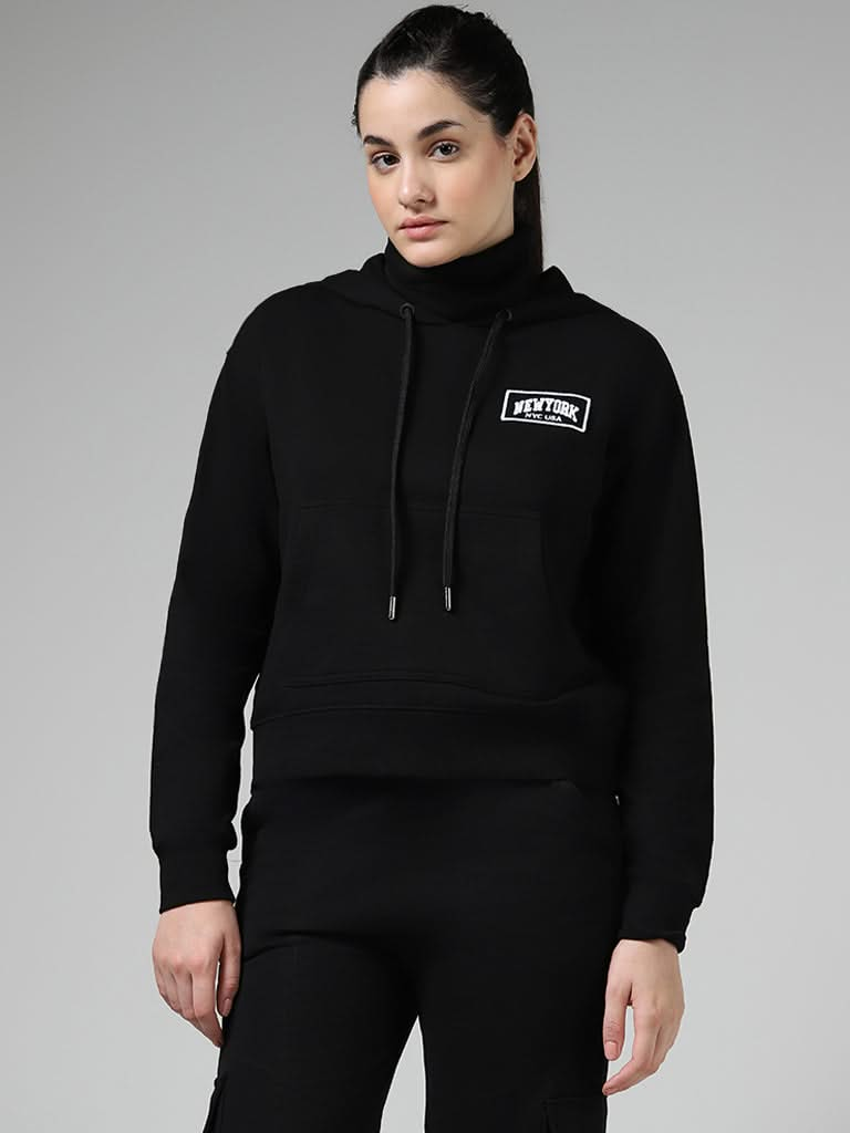 Studiofit Black Embroidered Cotton Blend Hoodie With Mask