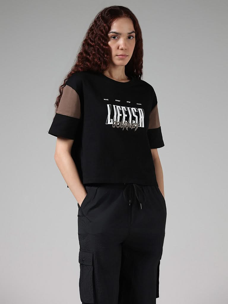 Studiofit Black Typographic Printed Cotton T-Shirt