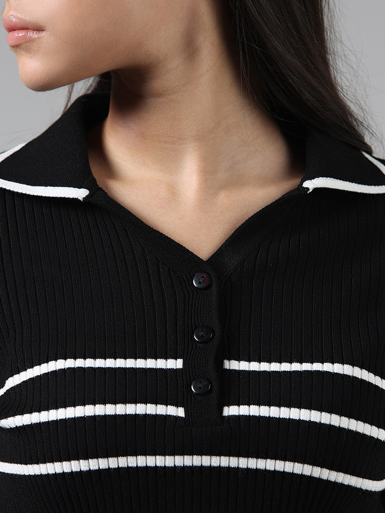 Studiofit Black Ribbed Striped T-Shirt