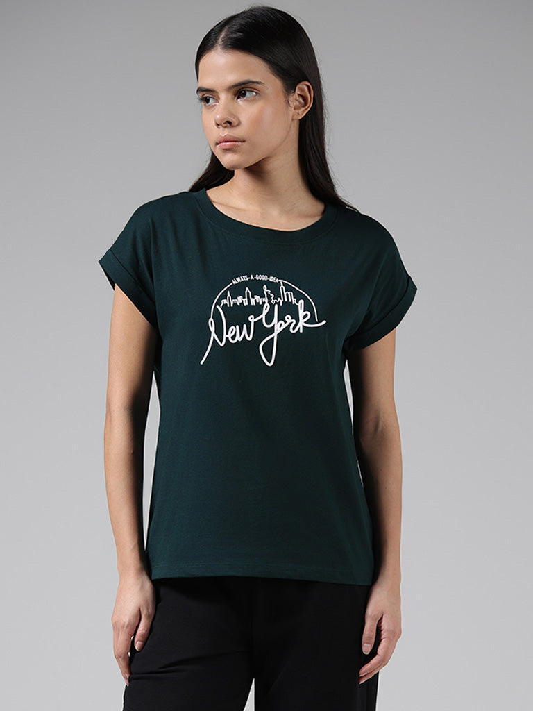 Studiofit Green Typographic Printed Cotton T-Shirt