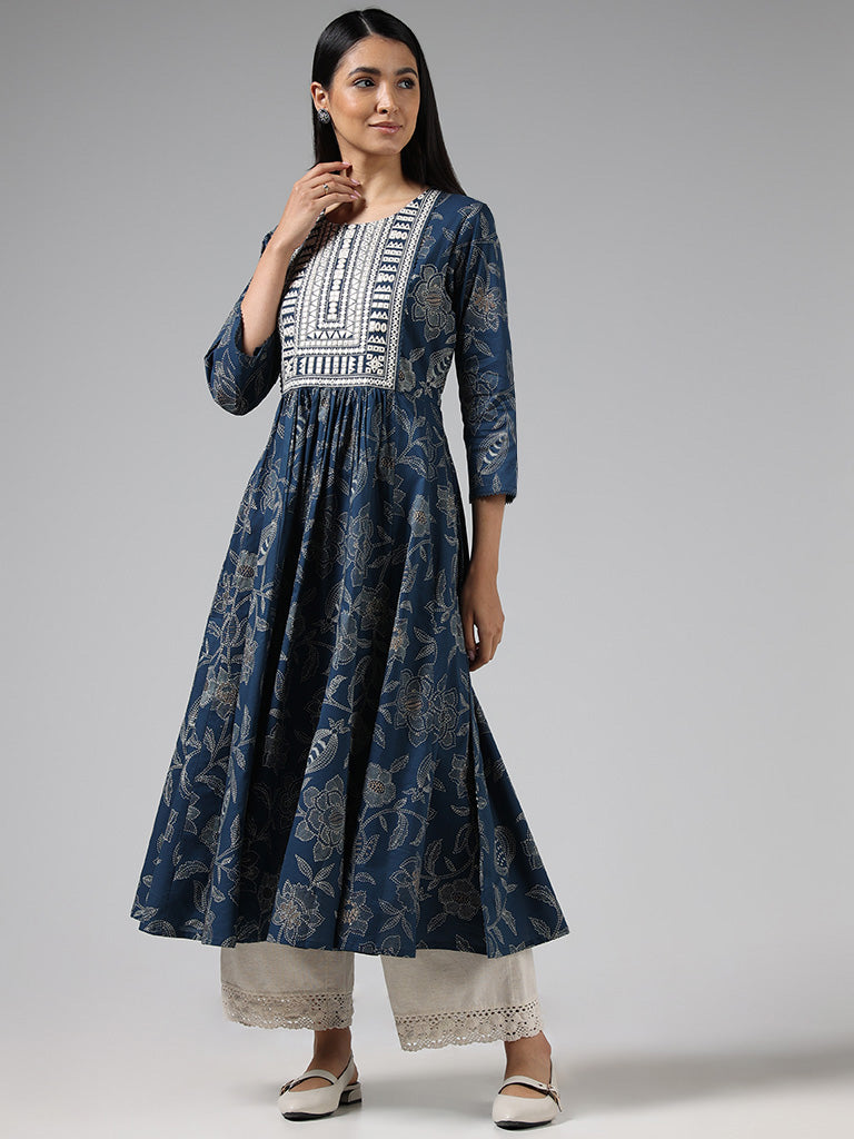 Utsa Indigo Mirror Embroidered and Floral Printed Cotton Kurta