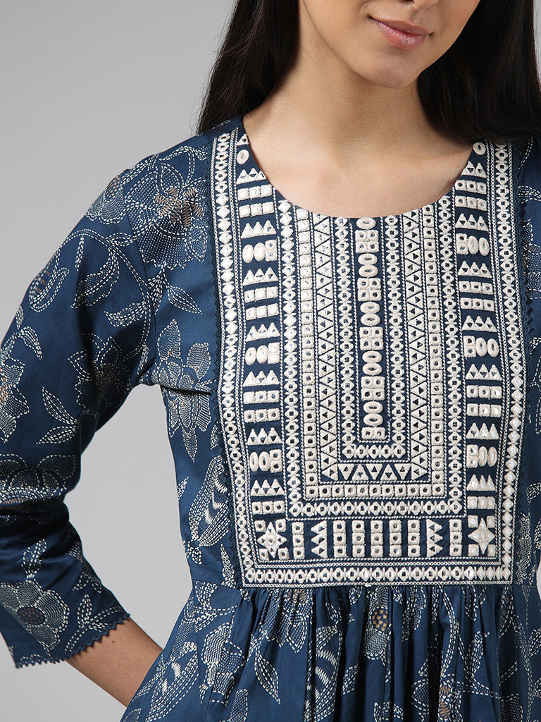 Utsa Indigo Mirror Embroidered and Floral Printed Cotton Kurta