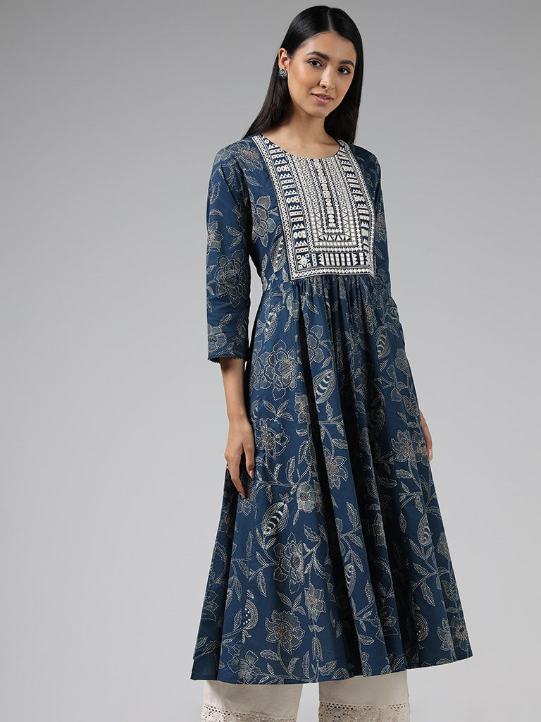 Utsa Indigo Mirror Embroidered and Floral Printed Cotton Kurta