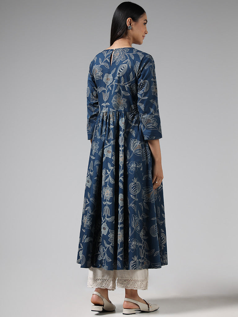 Utsa Indigo Mirror Embroidered and Floral Printed Cotton Kurta