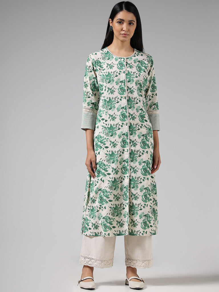 Utsa Green & White Floral Printed Buttoned Down Kurta