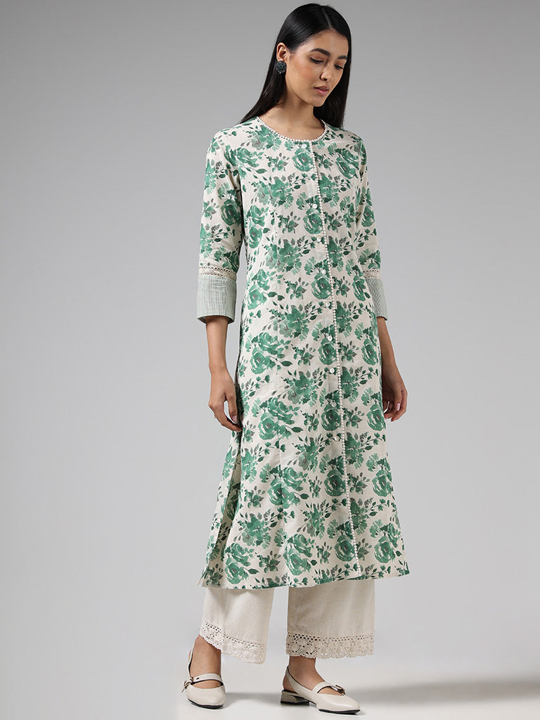 Utsa Green & White Floral Printed Buttoned Down Kurta