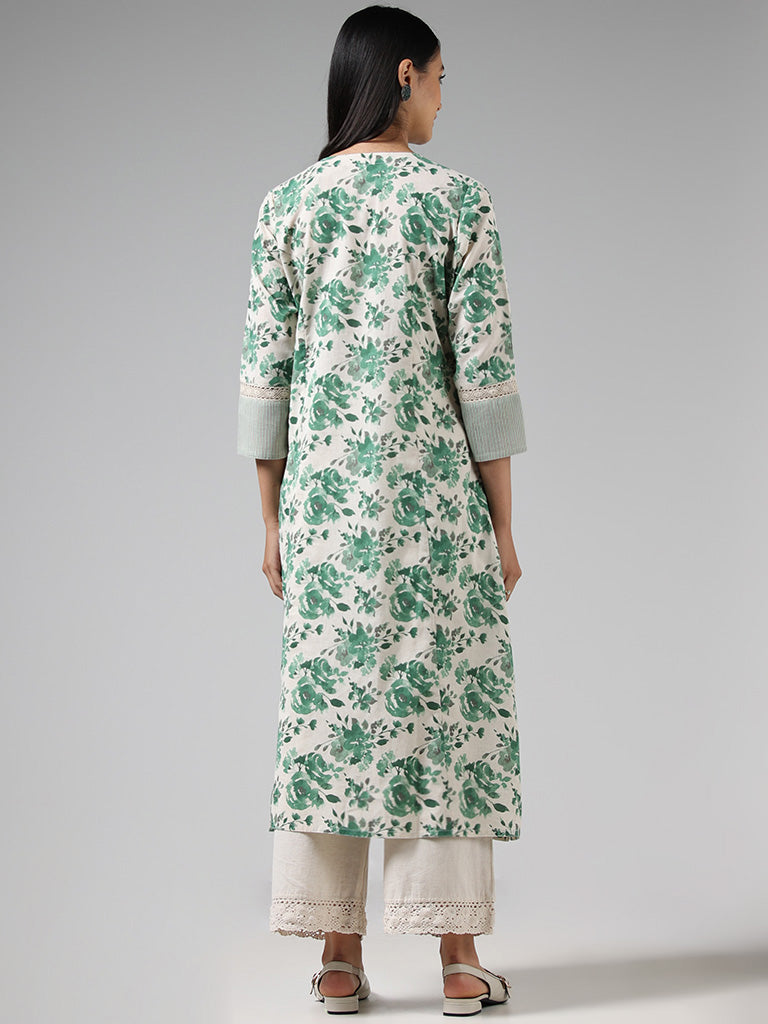 Utsa Green & White Floral Printed Buttoned Down Kurta