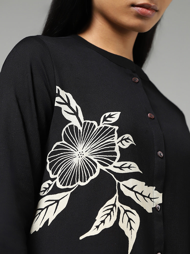 Utsa Black Floral Printed Buttoned Down Kurta