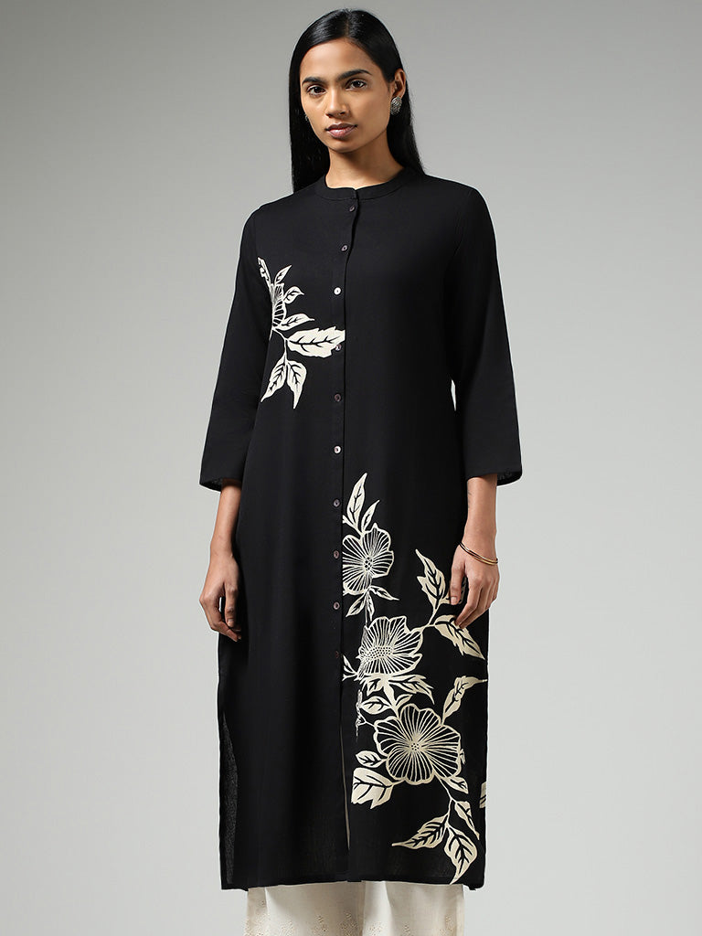 Utsa Black Floral Printed Buttoned Down Kurta