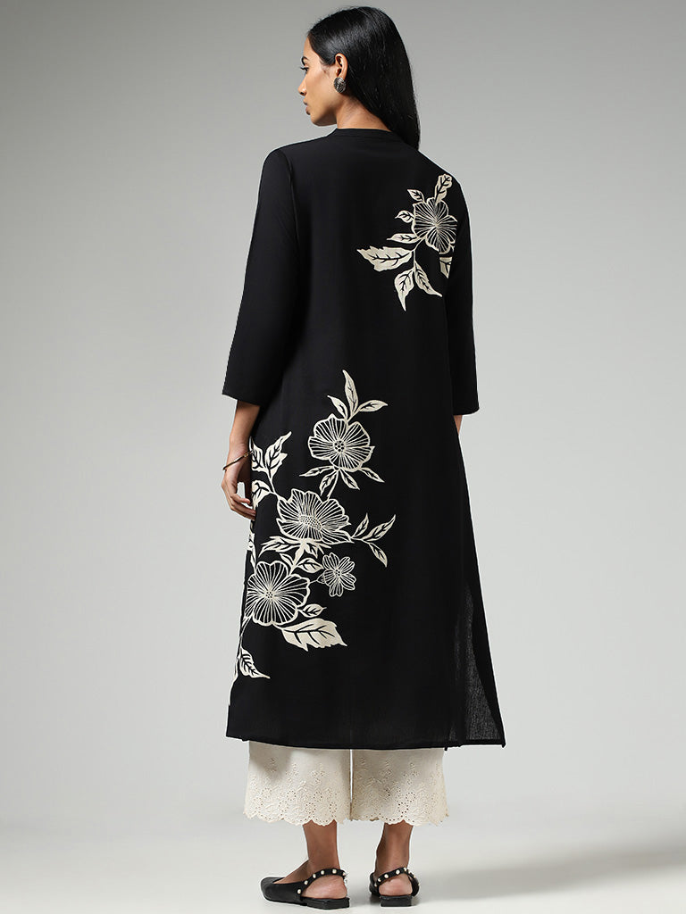 Utsa Black Floral Printed Buttoned Down Kurta