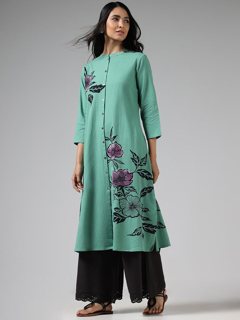 Utsa Light Teal Floral Printed Buttoned Down Kurta