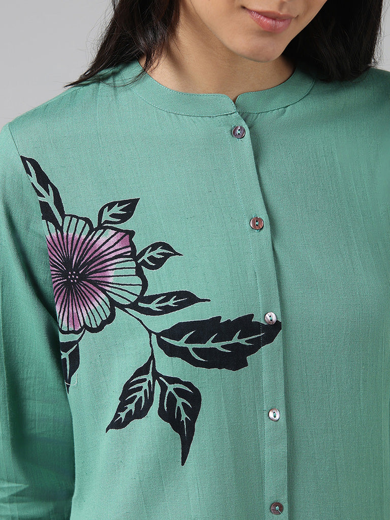 Utsa Light Teal Floral Printed Buttoned Down Kurta